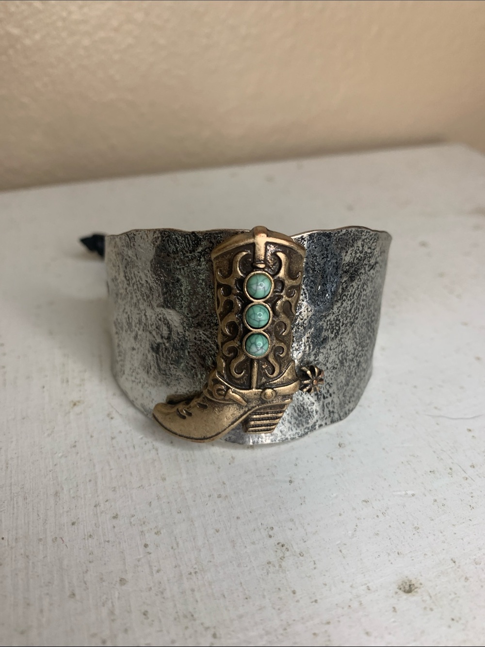 Western Hammered Cuff Bracelet with Turquoise Cowboy Boot Accent